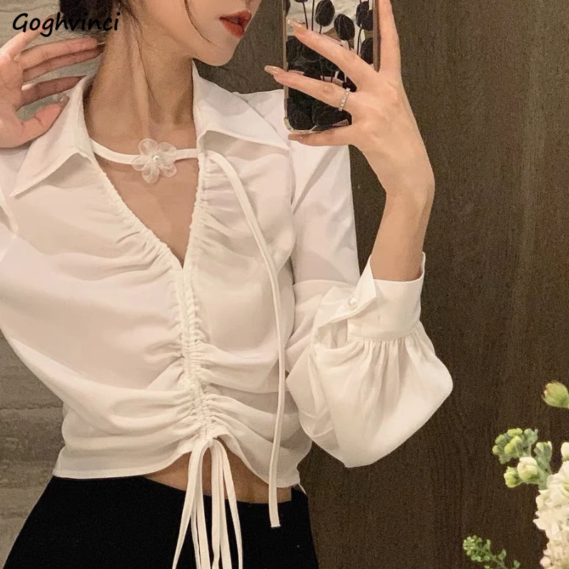 

Shirts Women Shirring V-neck Solid Drawstring Floral Design Elegant Ladies Fashion Chic Streetwear Loose Slim Fit Casual Soft