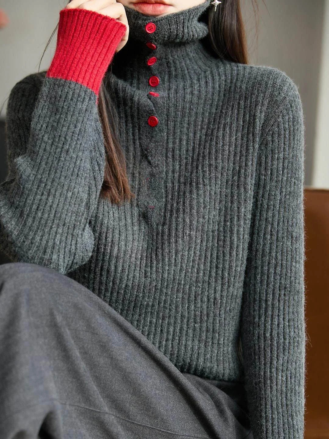 

French Sle Button up Long Sve High Collar Knitted Sweater Women's Base Layer irt Top Color Blo Design Warmth Guaranteed