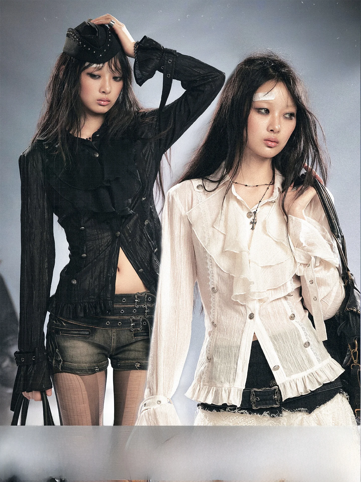 

CestNous Gothic Style Long Sleeve Women's Shirt Slim Fit See through Pleated Texture Romantic Lace Casual Fashion