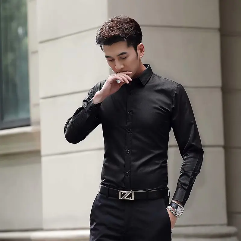 

Men Slim Fit Long Sleeve White Shirt Solid Color Business Formal Wear Versatile Dress Shirt