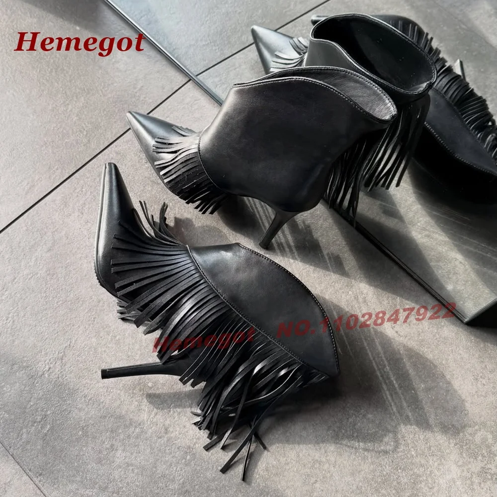 Black Tassel Stiletto Heels Ankle Boots Pointed Toe Slip On Fringe Women's Short Booties Solid Leather Concise Shoes Warm Sexy