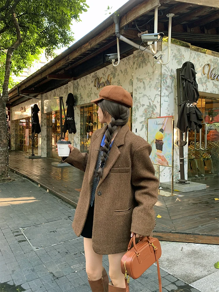 

LingLai Briti Sle Свободный шерстяной костюм Jaet Женское осенне-зимнее винтажное элитное пальто прямого кроя для поездок на работу