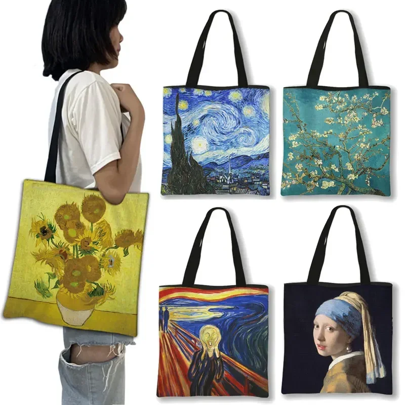 

Van Gogh Painting Women Canvas Shoulder Bag High Capacity Tote Bag Aesthetics Shopping Bags Cotton Handbags Books Bag For Girls