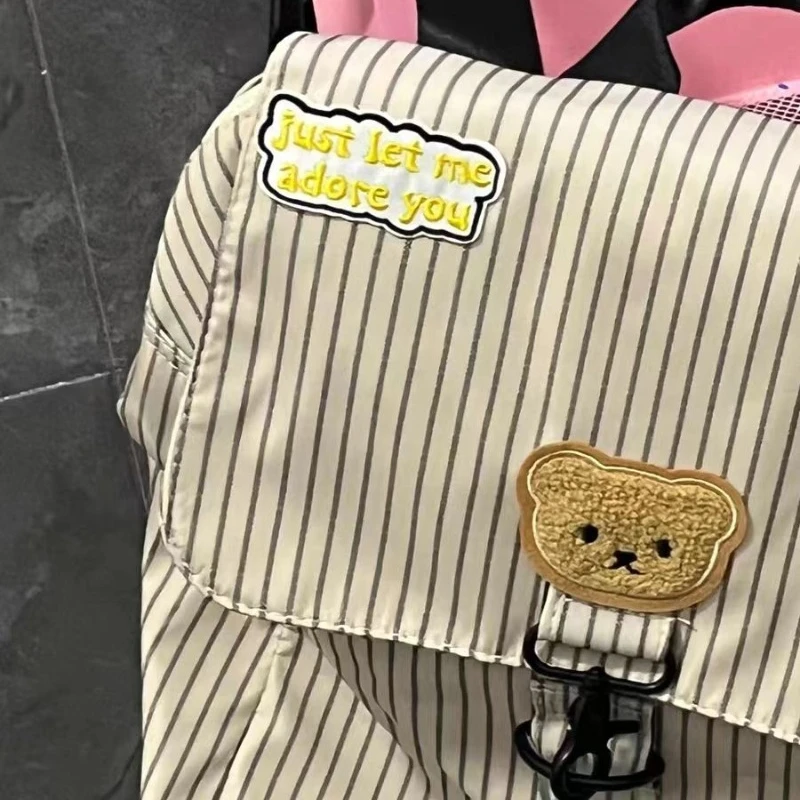 Vintage All Match Stripe Korean Backpack Fashion Y2k Aesthetic Cartoon Cute Bear Bags for Women Casual Fashion Preppy Schoolbags