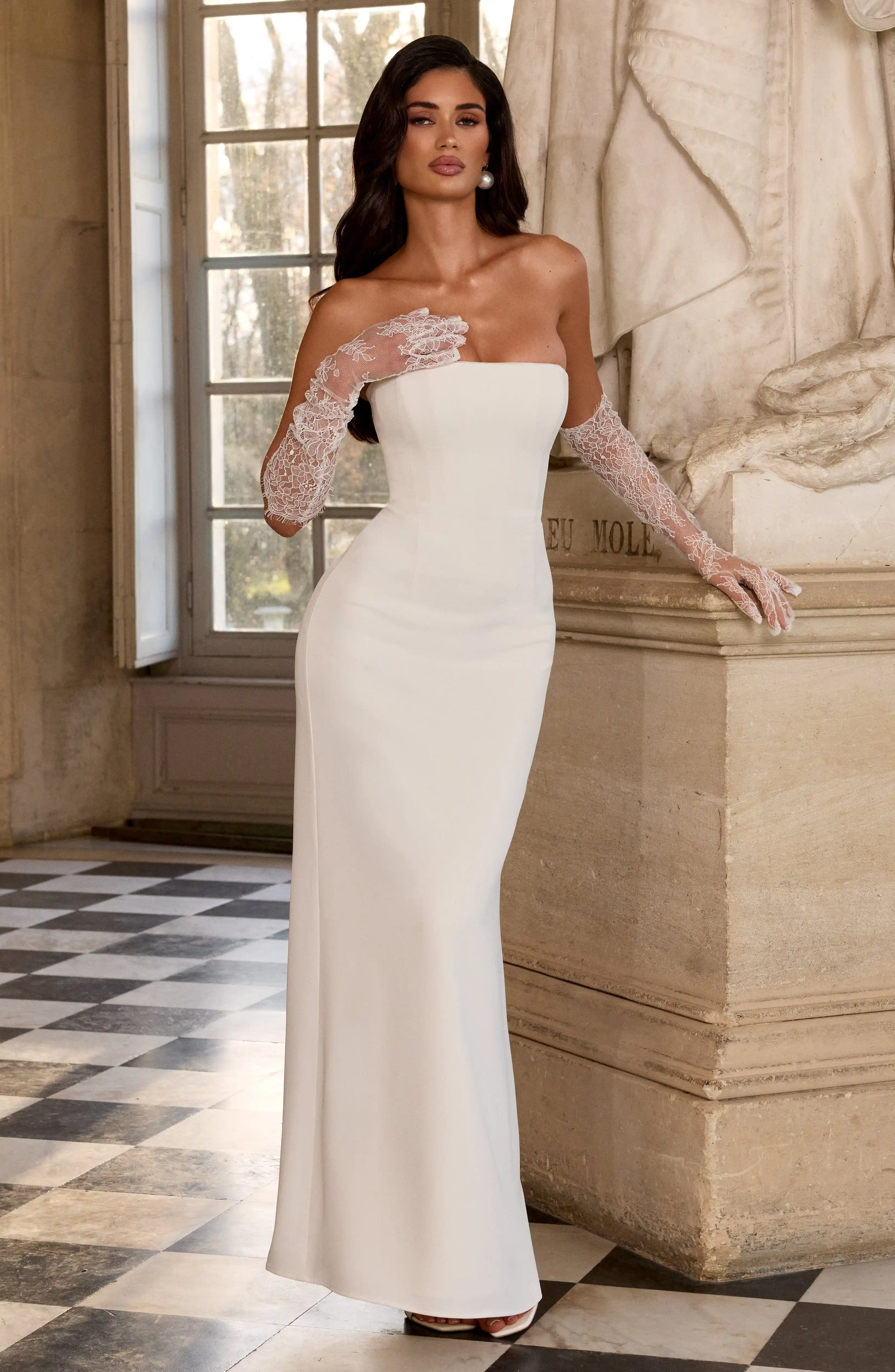 White Strapless Maxi Dress Women Solid Bodycon Lce-up Bandage Long Evening Gown Elegant Wedding Guest Formal Party Prom Dresses view 5