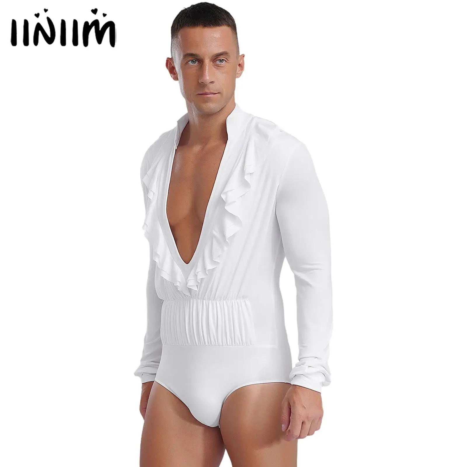 Mens Latin Dance Performance Costume Dancewear Ruffles Deep V-neck Long Sleeve Bodysuit Cha-Cha Rumba Tango Practice Wear