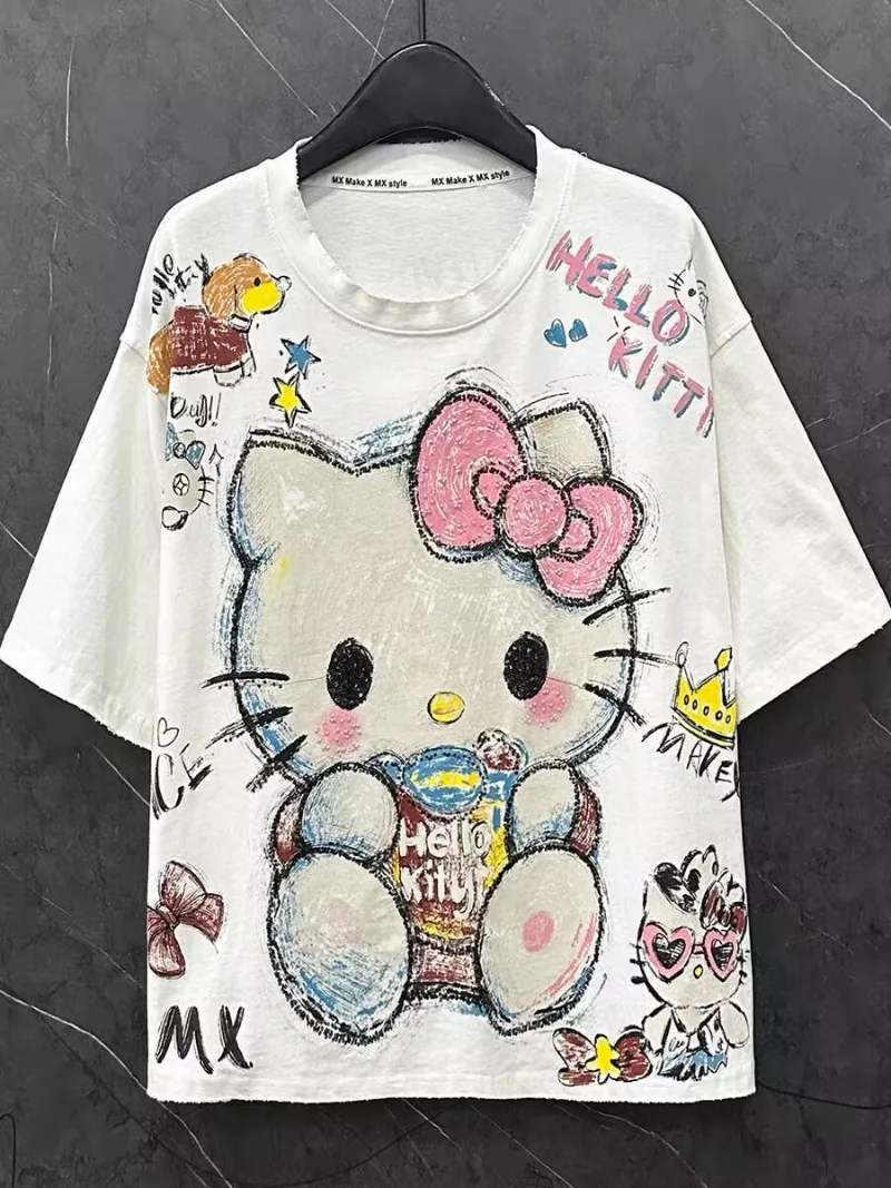 

Summer New Sweet Tee Age Reducing Cartoon Hello Kitty Short Sleeved T Shirt Women Loose and Casual Tops Cute Girl Y2k Clothes