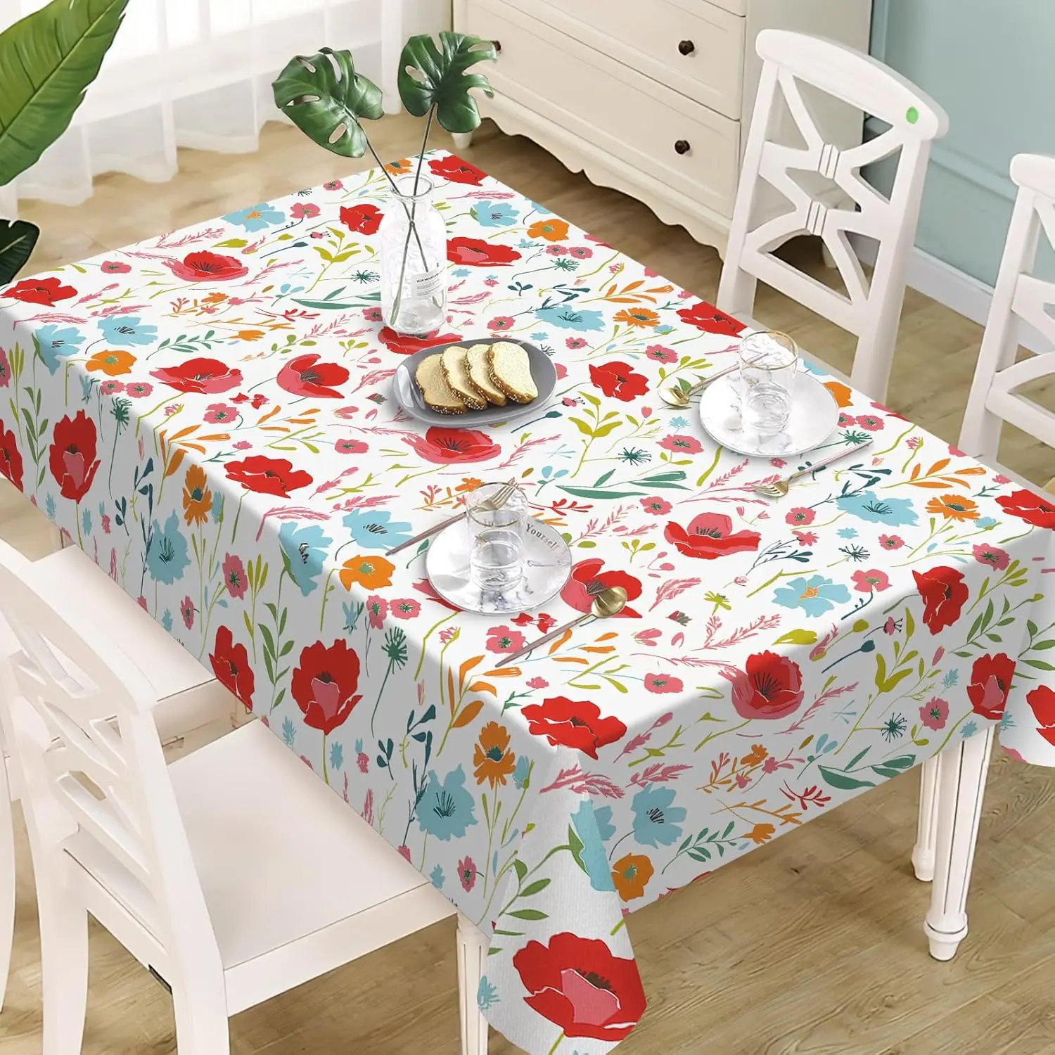 Red Blue Poppy Flowers Rectangle Tablecloth for Table Decor Spring Summer Colorful Floral Plants Table Cloth Holiday Party Decor