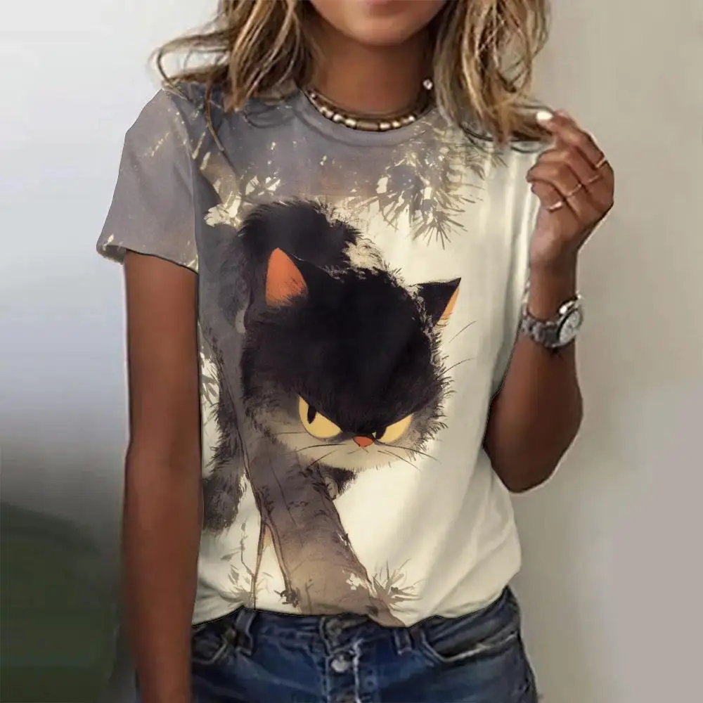 Schattige Kat Print Dames T-Shirt Oversized Zomer Kleding Mode Ronde Hals Casual Korte Mouw Trui Vrouwen Y 2K T-Shirts