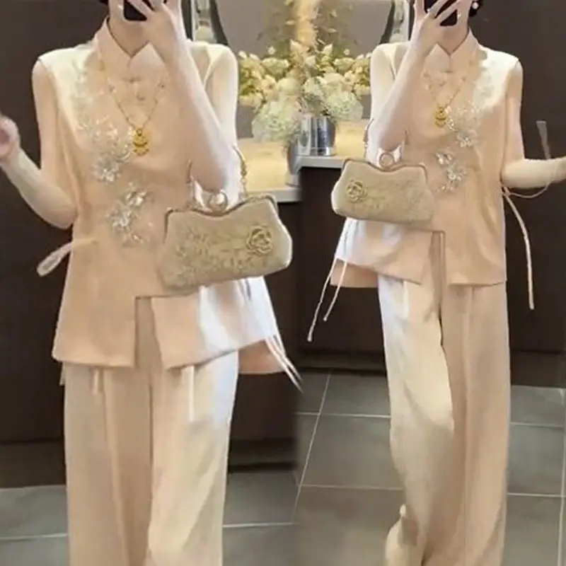 

Модный женский костюм на весну и лето, новинка, легкий роскошный топ на пуговицах, широкие брюки, комплект из двух предметов