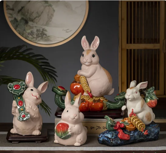 Ceramic Rabbit Ornament Home Decor for the Year of the Rabbit Chinese New Year Gift Traditional Entranceway Display