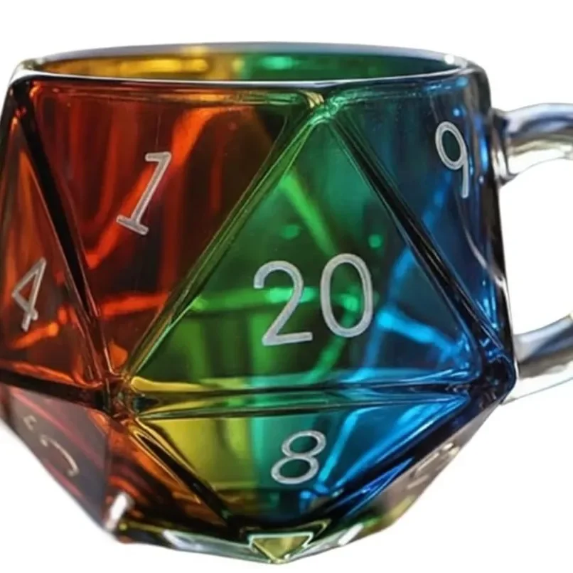 

D20 Dice Glass Cup Transparent Glass Game Mug Gift for Fantasy Lovers Rainbow D20 Dice Mug with Handle