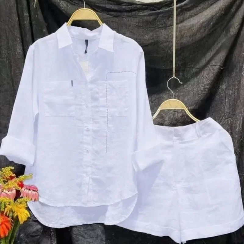 

Women's Linen-Cotton Blend Casual Two-Piece Set: White Long-Sleeve Shirt with Shorts, 2025 New Summer Fashion Track Suit
