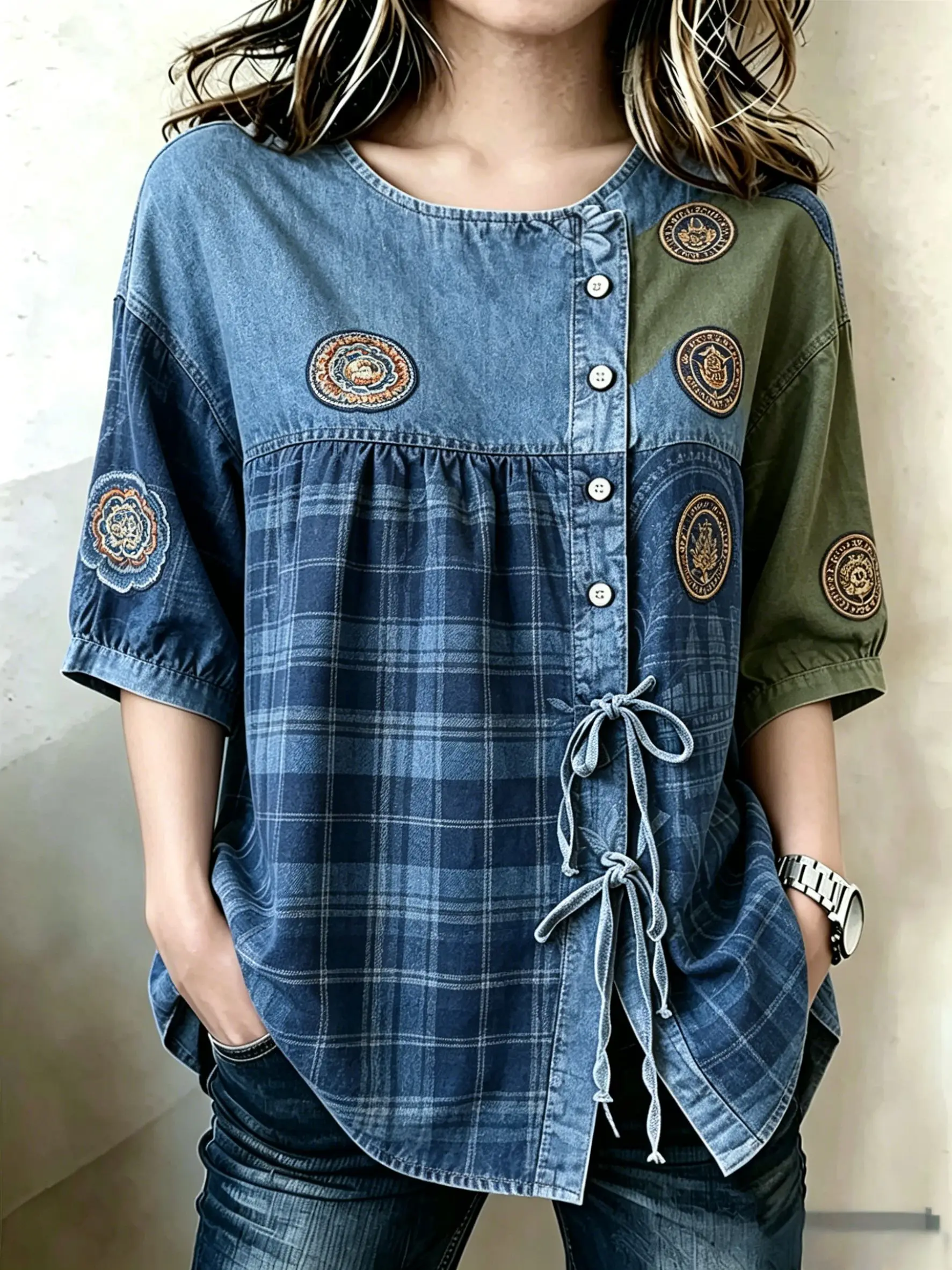 Women's Color Block Plaid & Badge Patchwork Drawstring Button Up Blouse, Casual Round Neck Tops for Spring Summer Daily Wear