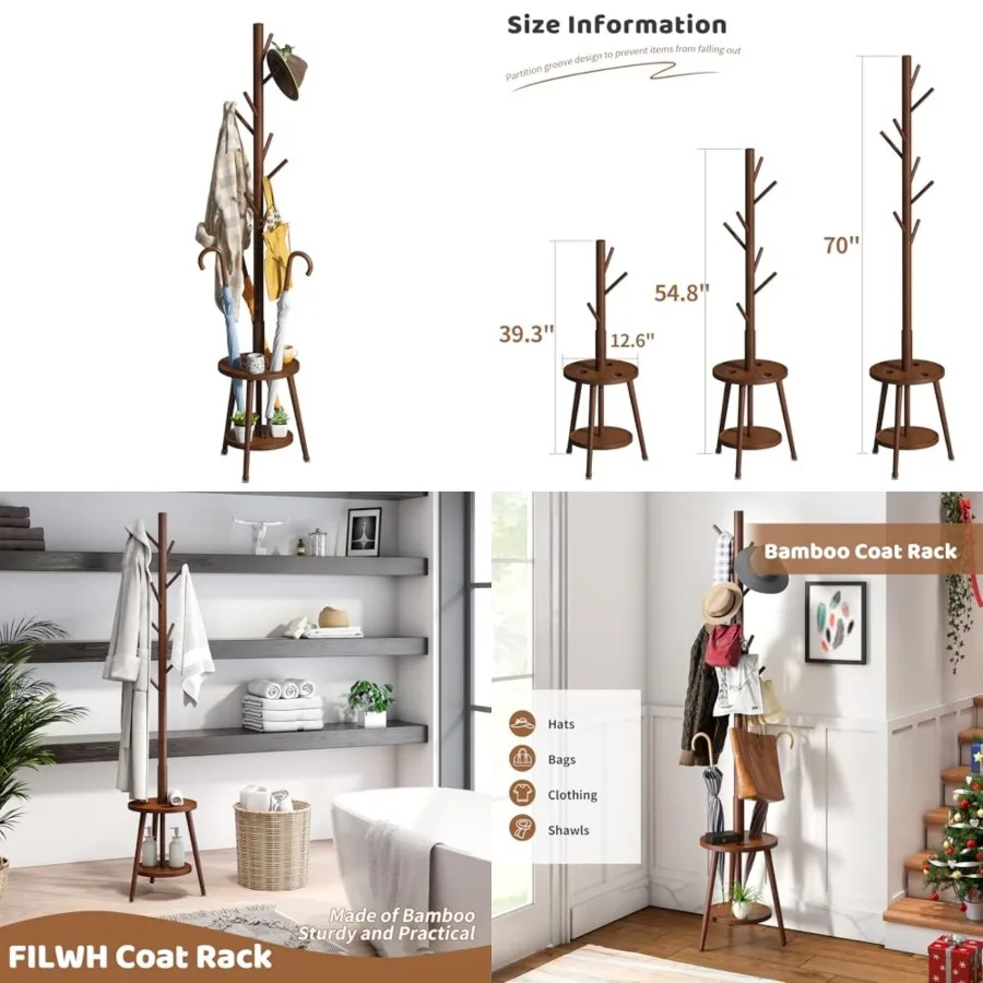

Freestanding Coat Rack with Umbrella Organizer Tray Bamboo Coat Tree Rack with 8 Hook Stand for Clothes Bag Hats Entryway Hange