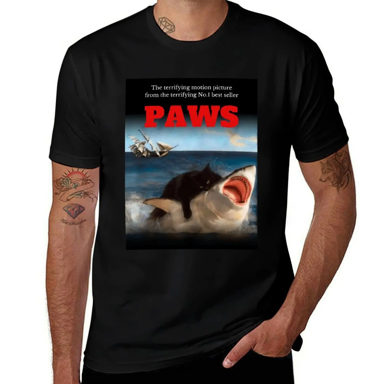 

Paws: The Cat Who Took on Jaws. T-Shirt topping Man t-shirt customizeds custom t-shirts Men's clothing