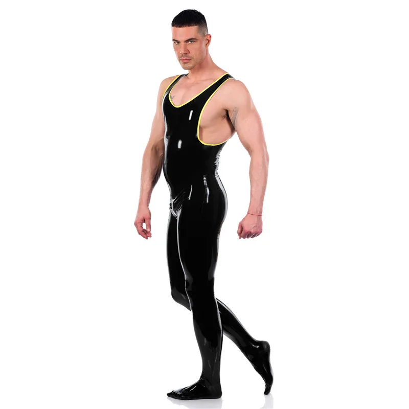 

Exotic Sexy Lingerie Men Handmade Black Latex Customize Vest Catsuit with Socks Bodysuit Three Way Back Zipper Zentai Fetish