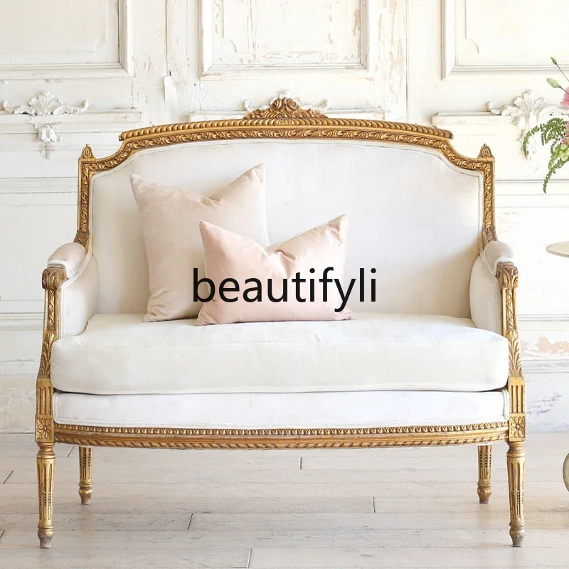 

A38 American French gold luxury retro solid wood double triple sofa European villa living room
