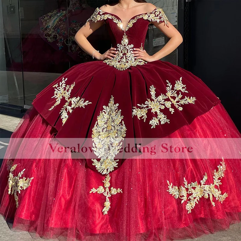 Rode Fluwelen Quinceanera Jurk 2022 Off Shoulder Sweet 16 Prom Party Dress Outdoor Jurken Vestidos De 15 Años Xv Corset terug