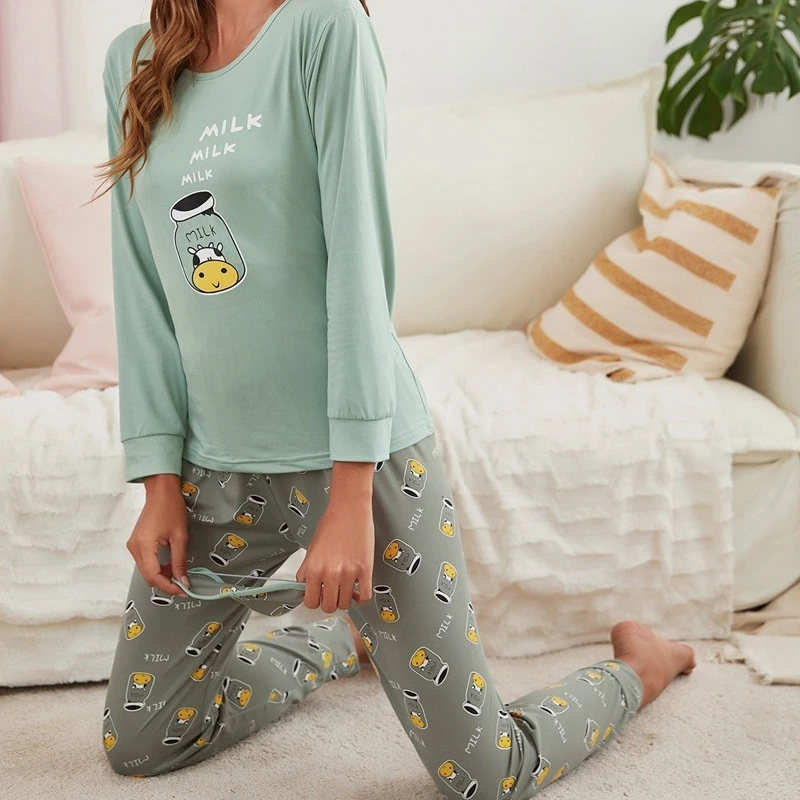 Green Milk Cow Women Pajamas Sets Autumn Winter Long Sleeves Long Pants Casual Sleepwear Cozy Pyjamas Soft Pijamas Girl Pjs Cute