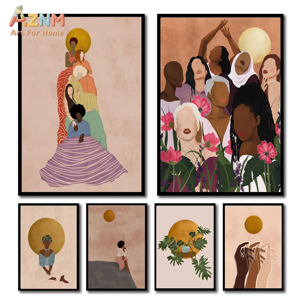 AZNM Boho Diverse Women Canvas Wall Art Abstract Multicultural Female Portrait Sun Floral Equality Minimal Living Room Unframed
