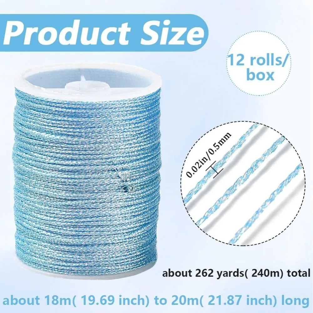 12Colors 0.5mm Polyester Thread Set Kumihimo Cords Metallic Beading 6Ply Chinese Knotting Macrame Wind Chime Strings for Jewelry