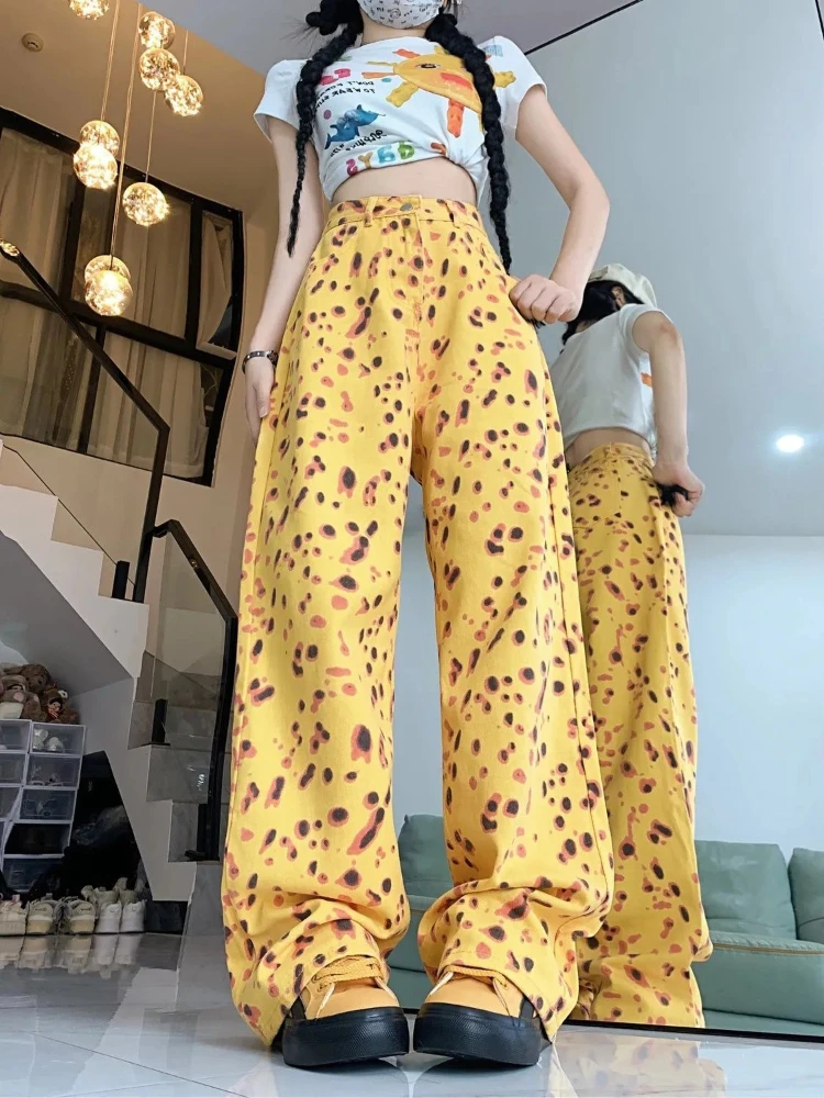 Women's Leopard Print Denim Pants Y2k High Waist Wide Leg Jeans Vintage Streetwear Baggy Yellow Trousers Autumn Casual