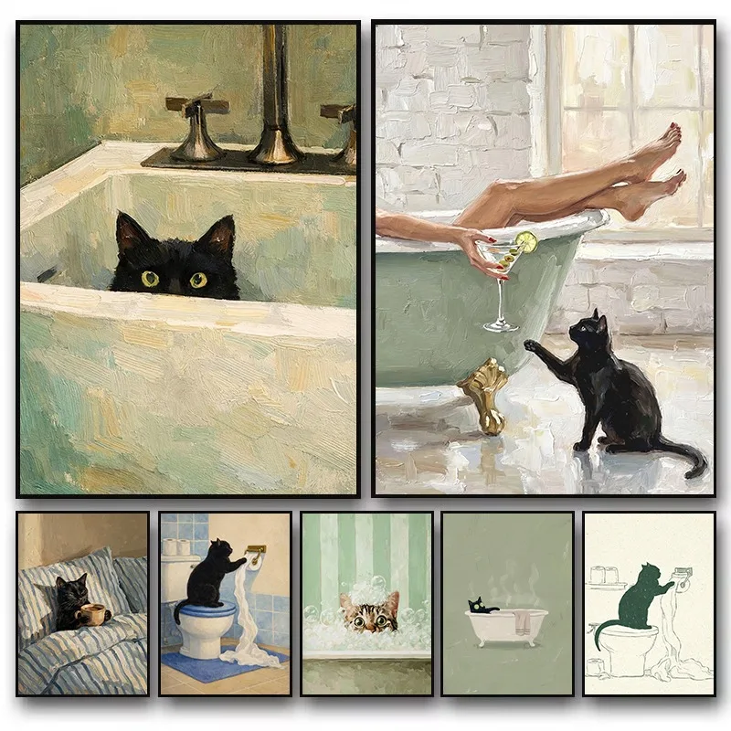 Retro Bathroom Black Cat Peeking Over Bathtub/Playing Rollpaper Poster Canvas Painting Wall Art Pictures Home Toilet Decor