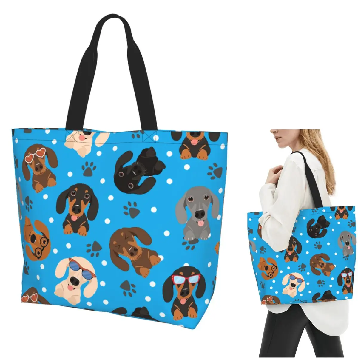 Happy Dachshund Sausage Dogs Shopping Tote Bag Canvas Large Capacity Shoulder Bags Shopper Grocery Handbag for Women