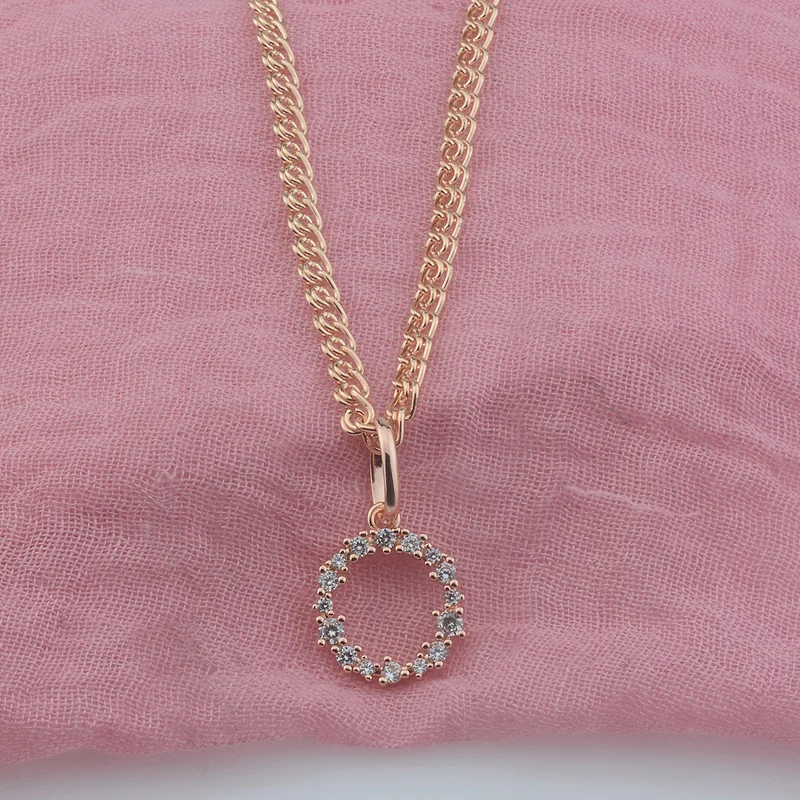 FJ Women Circle Round Shining Crystal 585 Rose Gold Color Wedding Pendant Necklace