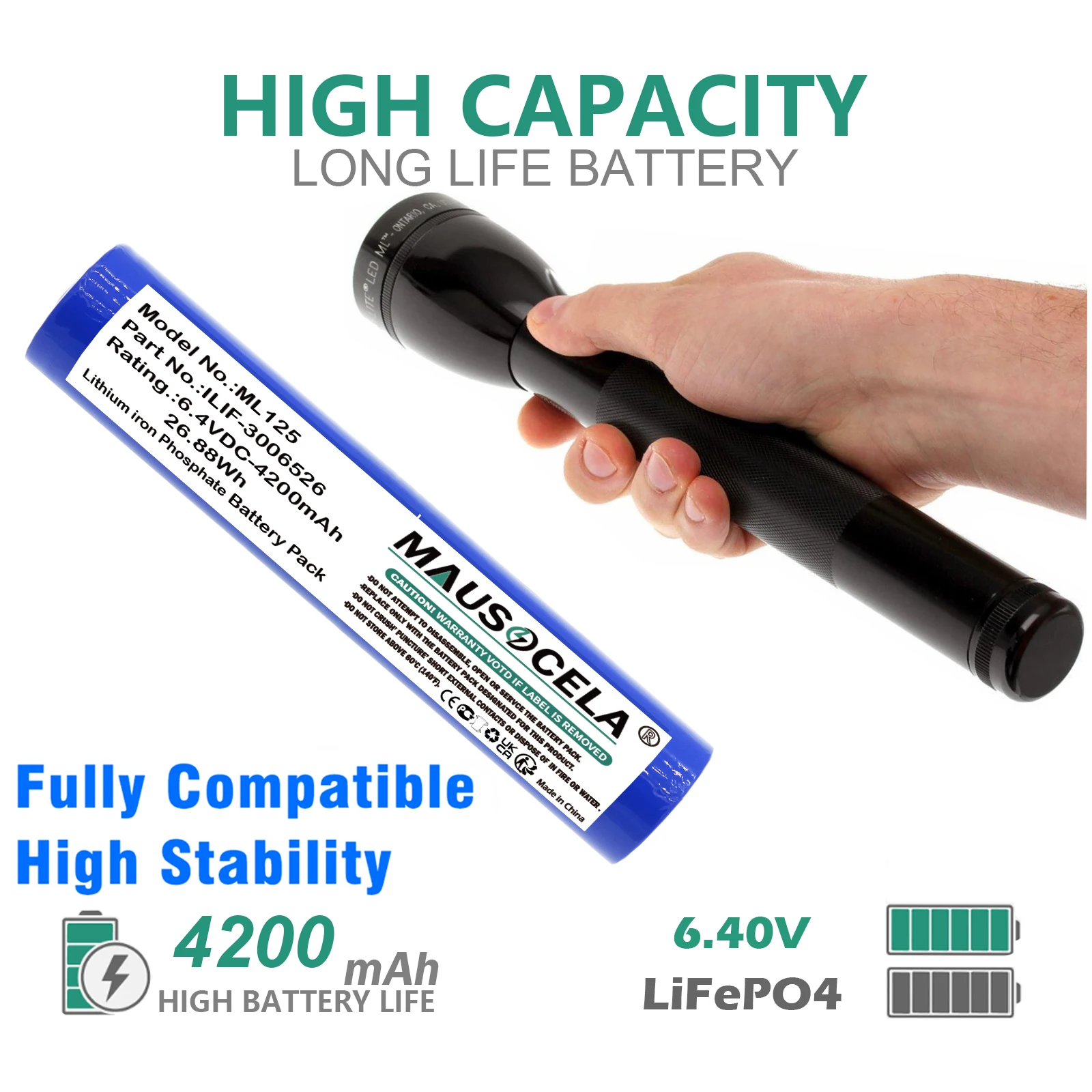 Flashlight Battery For Maglite:ML125,ML150LR,ML150LRX,ILIF-3006526 , 4200mAh / 26.88Wh , LiFePO4 , 6.40V