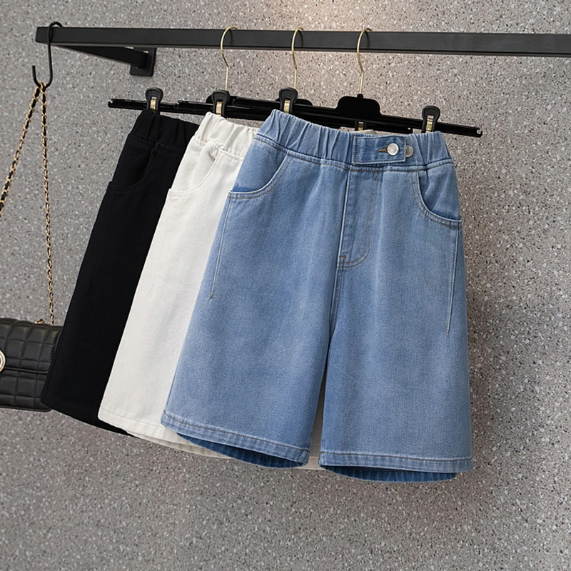 

Women Summer Denim Shorts Elastic High Waist Loose Straight Short Pants Simple Solid Color Casual Jean Shorts Female