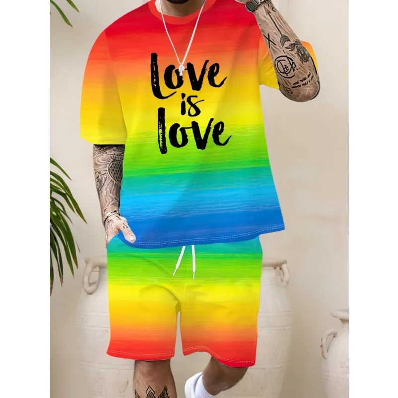 Summer 2025 3D Printed Gold Coin Grid Rainbow Color Block Fashionable Round Neck Short Sleeved T-shirt Shorts Set for Men
