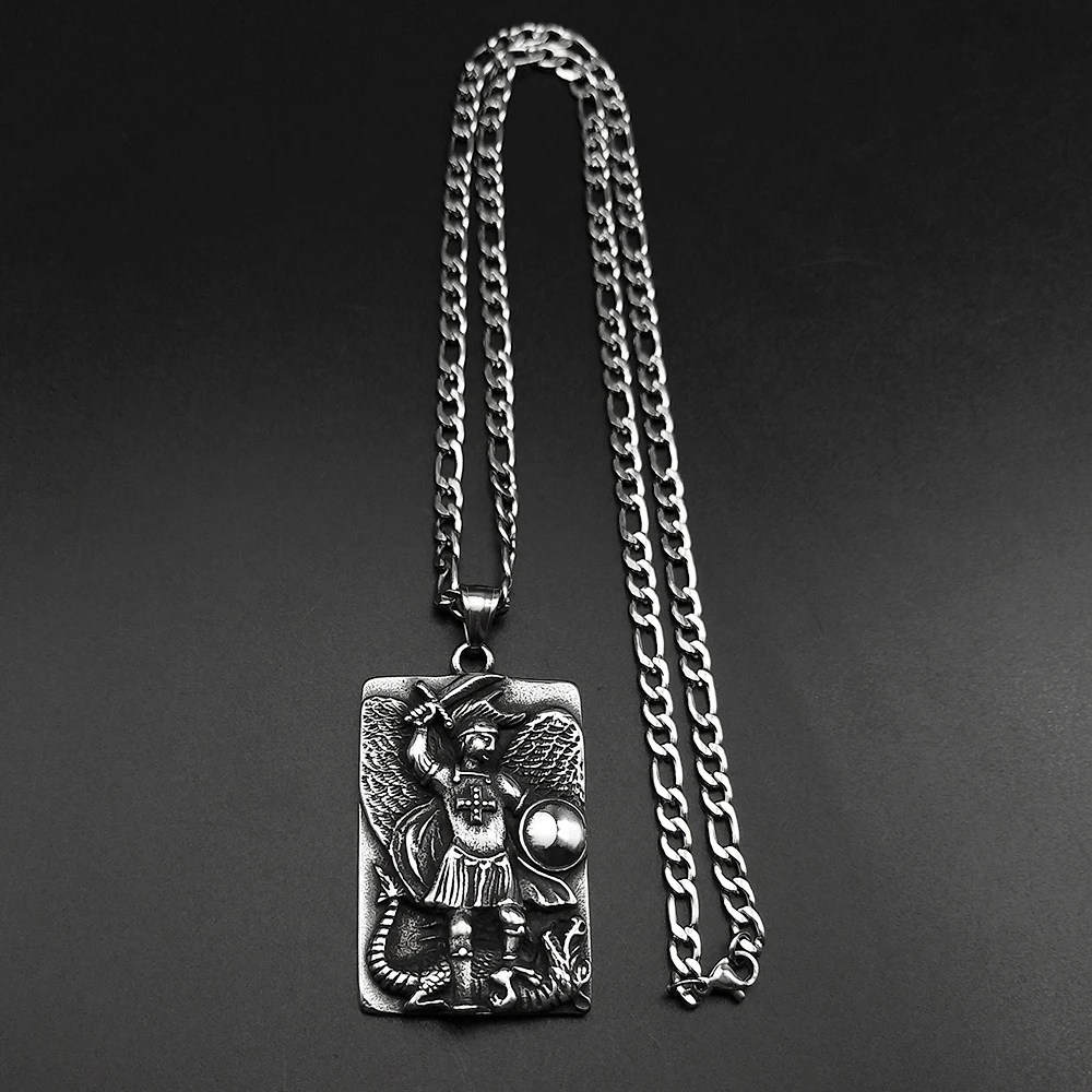 رئيس الملائكة مايكل قلادة قلادة للنساء الرجال الفولاذ المقاوم للصدأ أسود اللون المسيحية الصليب الذكور الشرير سلسلة مجوهرات هدية