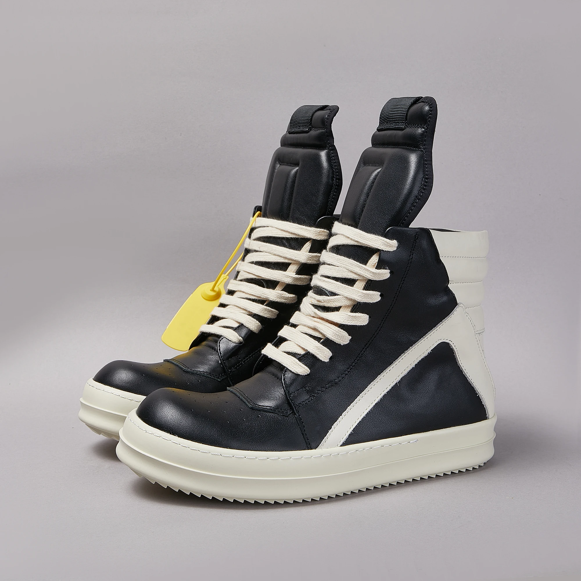 

RO Casual Man Shoes Genuine Black Leather Ankle Boots Woman High-top Sneakers Classic Inverted triangle design Geobaske Sneakers