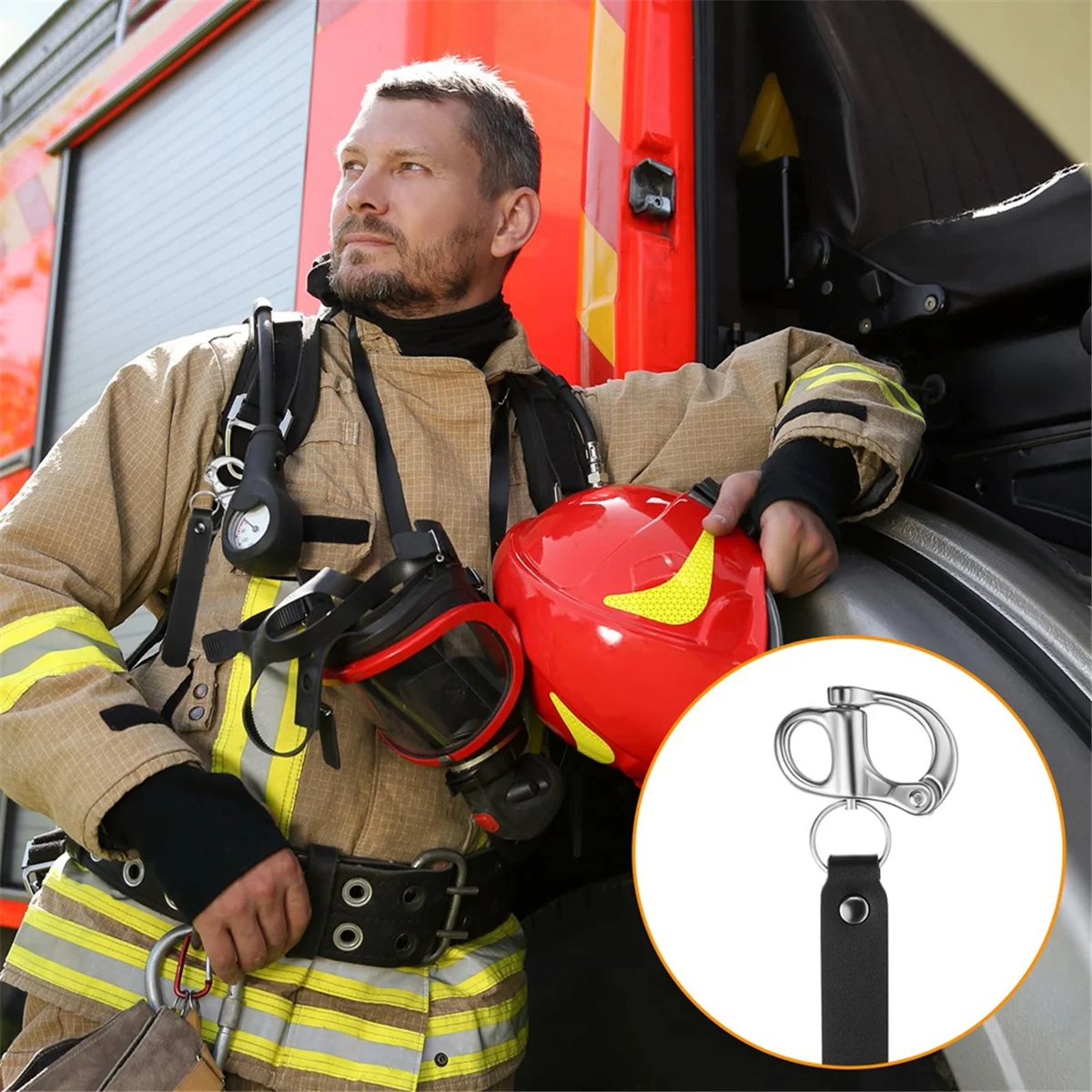 DQ2G Grillo a sgancio rapido per maschera da 2 pezzi con manico in pelle per pompiere, cordino con grillo a scatto fisso in acciaio inossidabile 316