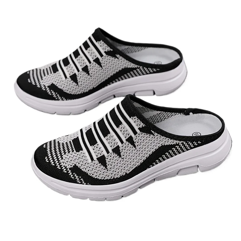 Women's Plus Size Slip-On Sneakers - Casual & Lightweight, Black and White Striped Knit Upper with EVA Sole Woman Shoes