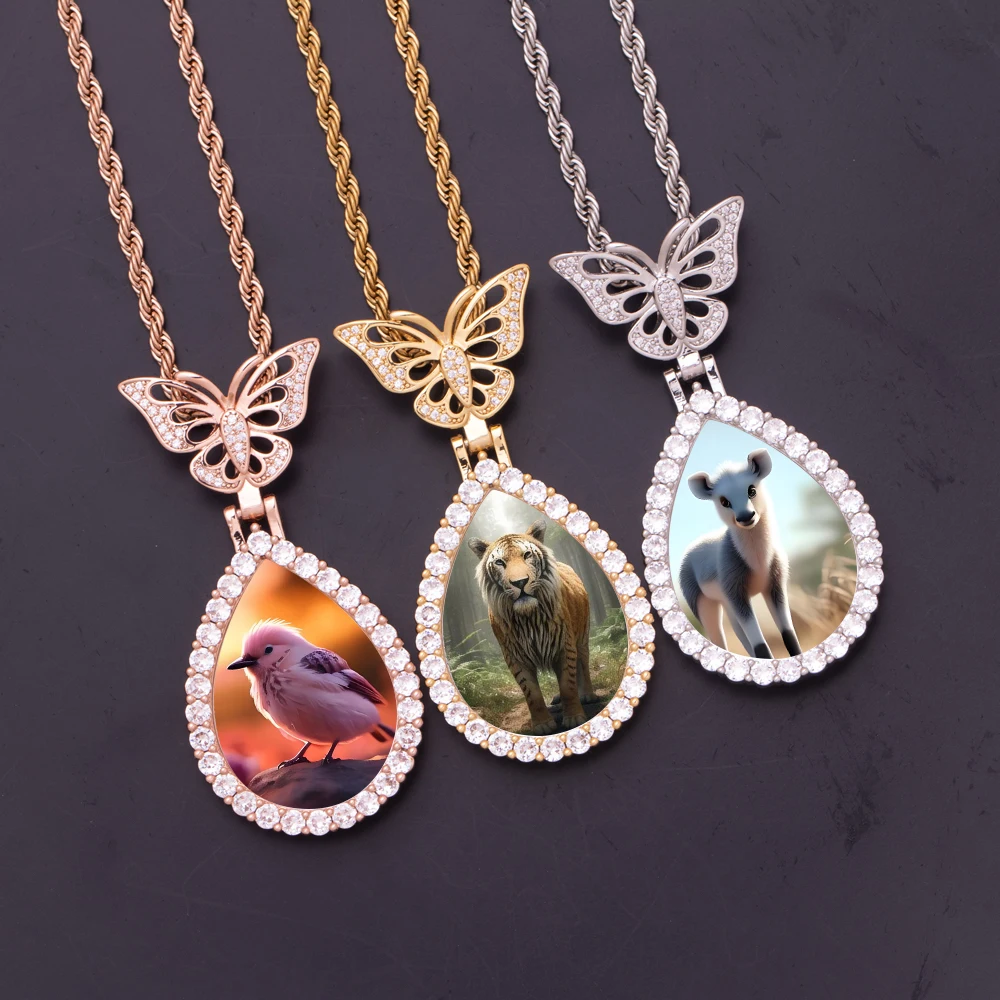 Hip Hop Iced Out Cubic Zircon Memory Medallions Butterfly Hook Water Drop Pendant Couple CZ Photo Frame Picture Necklace Jewelry