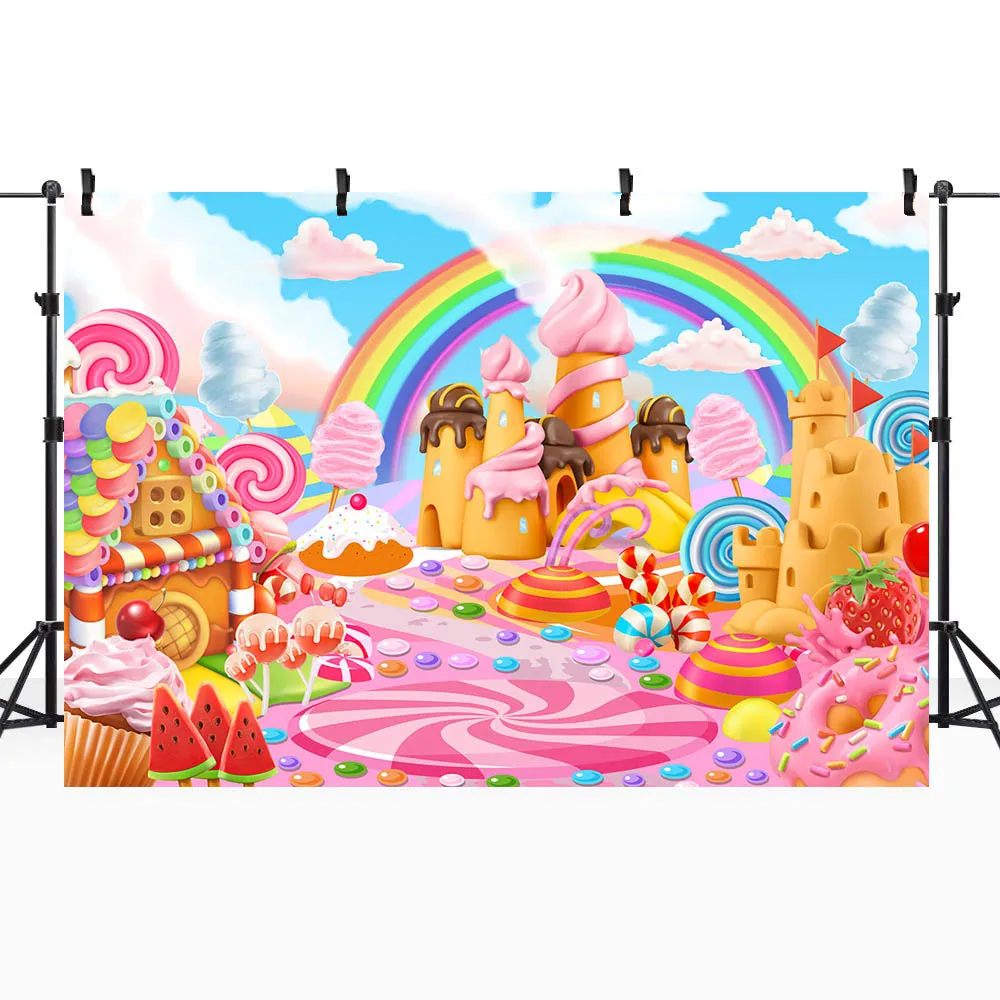 Mocsicka Baby Children Background Candy Ice Cream Cartoon Castle Rainbow Kids Birthday Party Decor Backdrop Dessert Table Banner