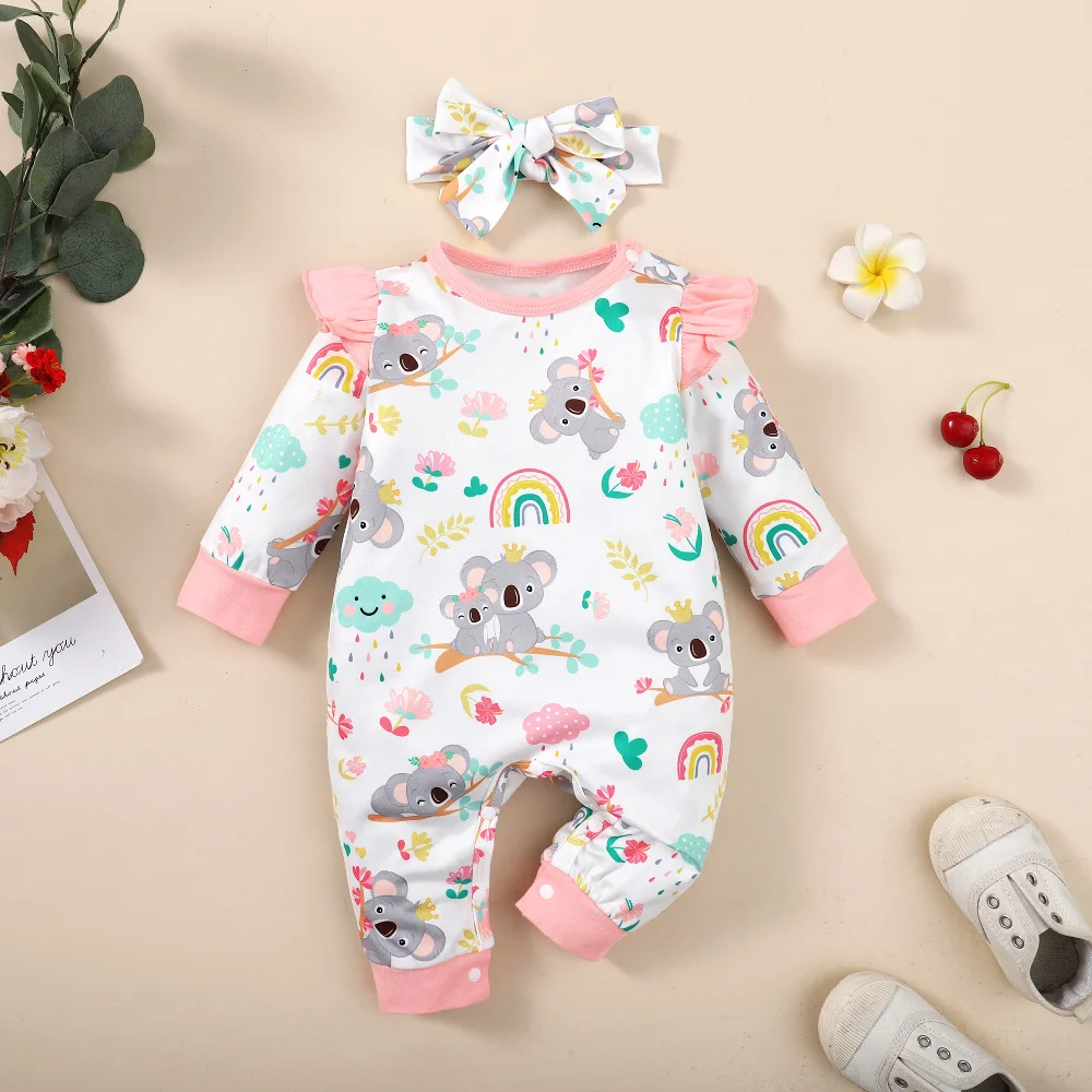 0-12 Months Newborn Baby Girl Clothes Long Sleeves Cute Cartoon Bodysuit with Headband 2PCS Infant Romper Toddler Girl Jumpsuit