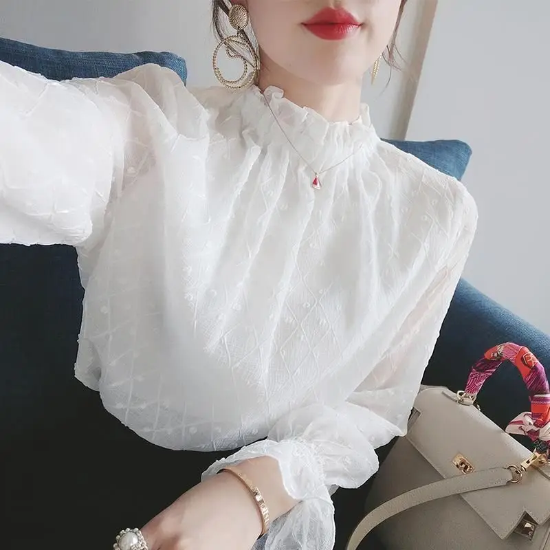 Spring  Autumn New Fashion Half high collar Long sleeve Blouses Women\'s Clothing Chiffon Pleated Lace Korean All-match Shirts