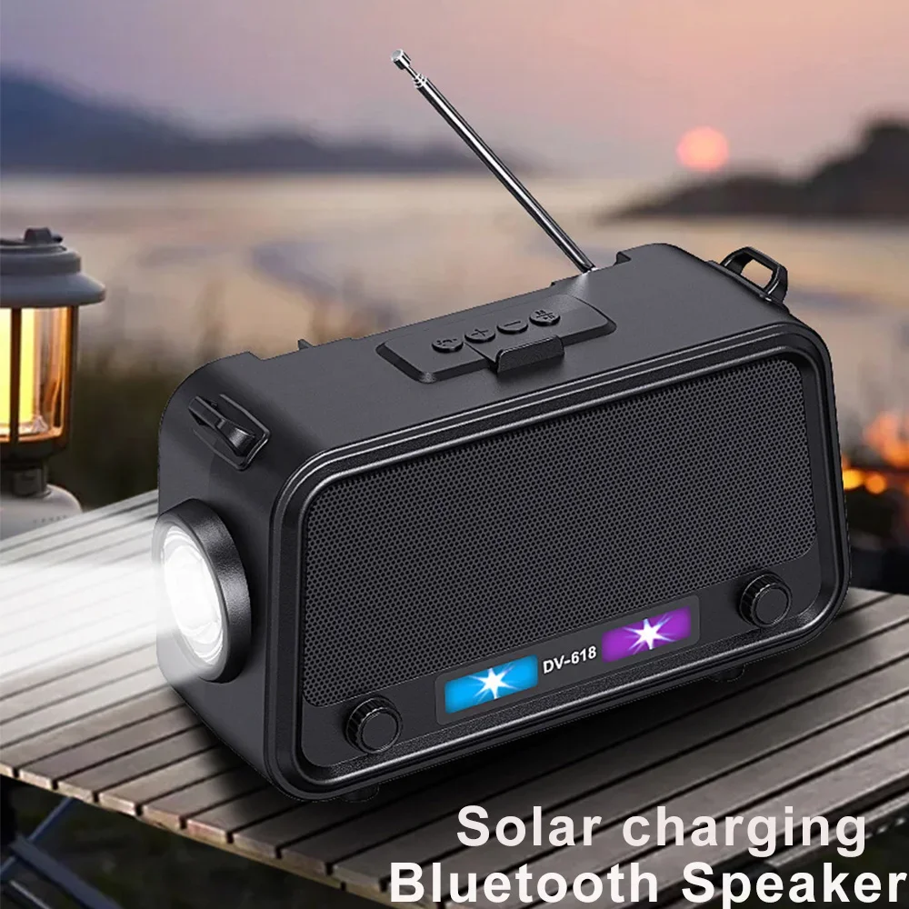 Portable Wireless Bluetooth Speaker DV-618 Solar Charging Strong Flashlight FM Radio U Disk TF Card Play Hifi Stereo Sound Box