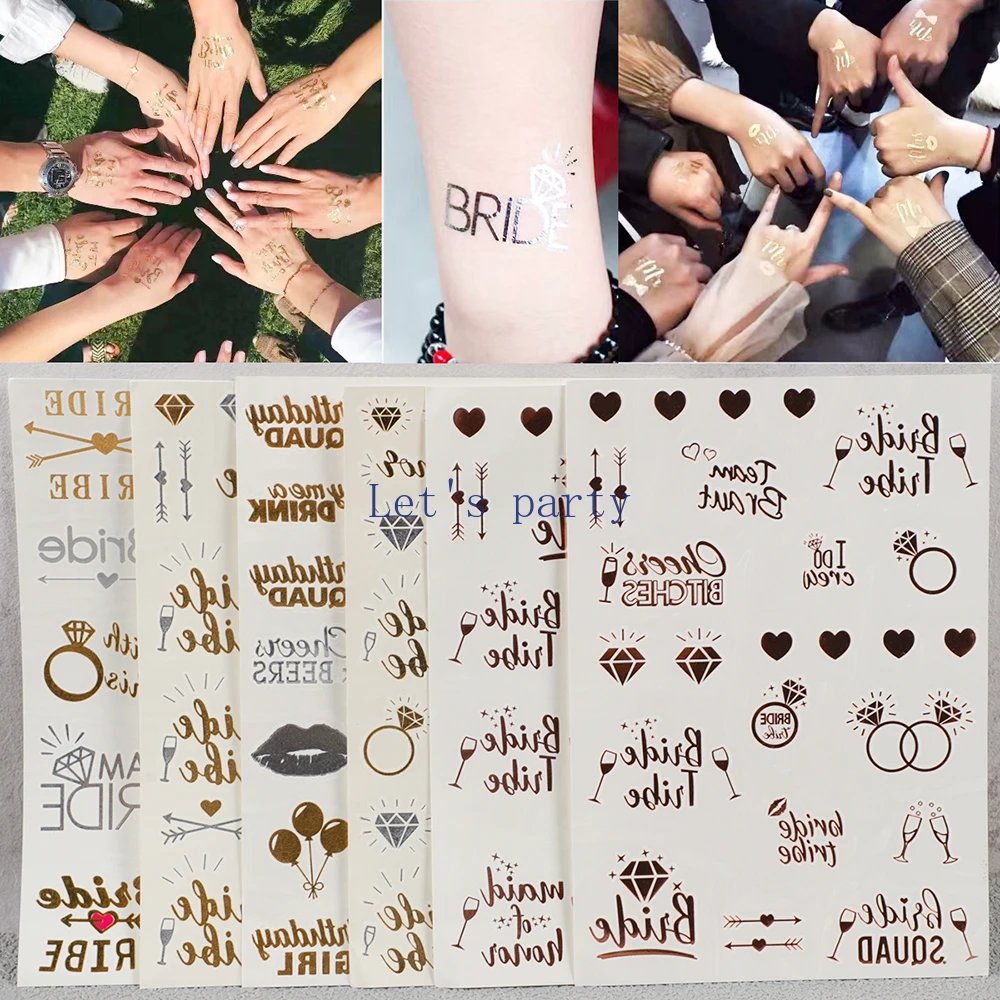 2 Sheets Gilding Bride To Be Team Bride Temporary Body Face Tattoo Stickers for Wedding Bachelorette Hen Party Decoration