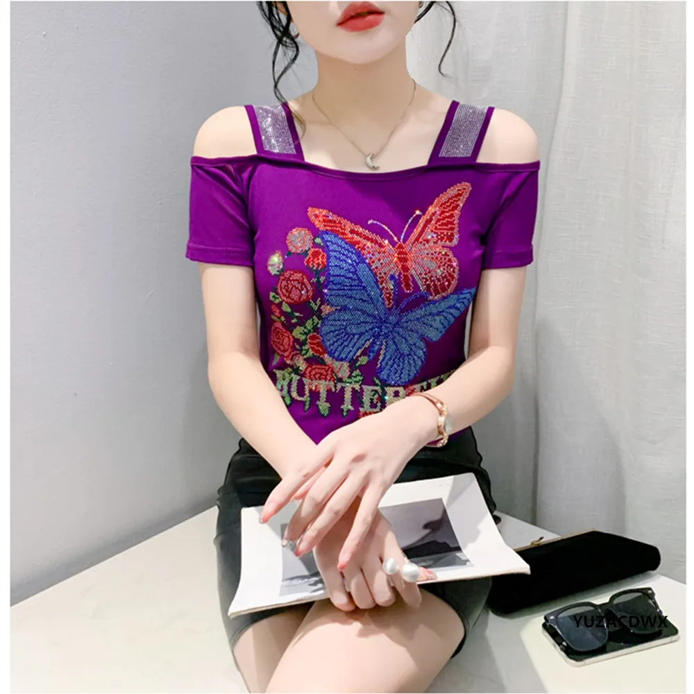 New 2024 Summer Short Sleeved Sexy Off The Shoulder Women's T-Shirt Fashion Casual Hot Drilling Mesh Tops M-3XL Purple Blusas