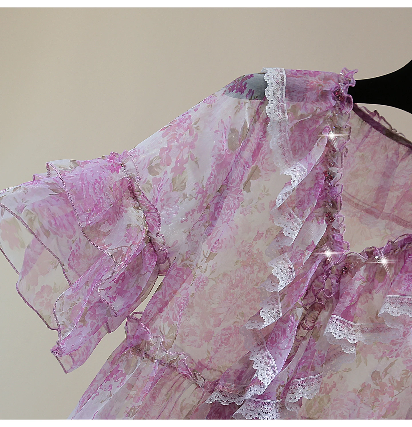 Lace Floral V-neck Thin Chiffon Shirt, Summer Top, Diamond Beads and Lotus Leaf Edge Medium Sleeve Sunscreen Blouse for Women