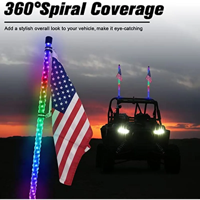 4 Feet (about 1.2 Meters) Led Whip Light with Flagpole Remote Control 360 ° Spiral Led RGB Warning Luminous Antenna Whip Light