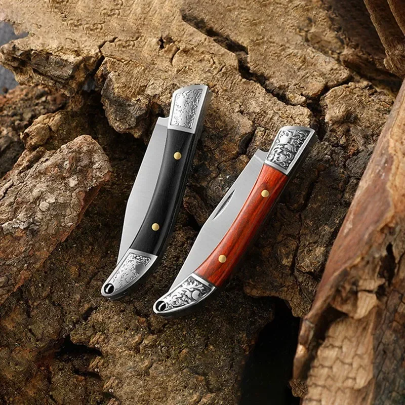 Wooden Handle Folding Knife Stainless Steel Blade Pocket Knife Portable Mini Cutter Outdoor Camping Self-defense Multitool