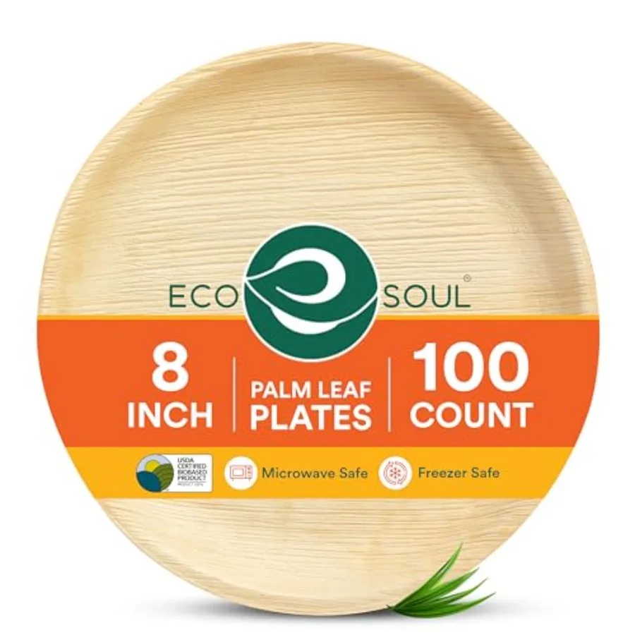 

Тарелки из пальмовых листьев 8 дюймов, 100 штук, круглые, компостируемые, бамбуковые, сверхпрочные, биоразлагаемые, экологически чистая посуда для Рождества