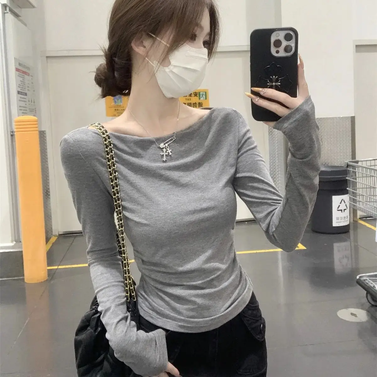 2024 autumn and winter Korean slash neck one-shoulder pleated slimming lyocell solid color long-sleeved inner T-shirt tops