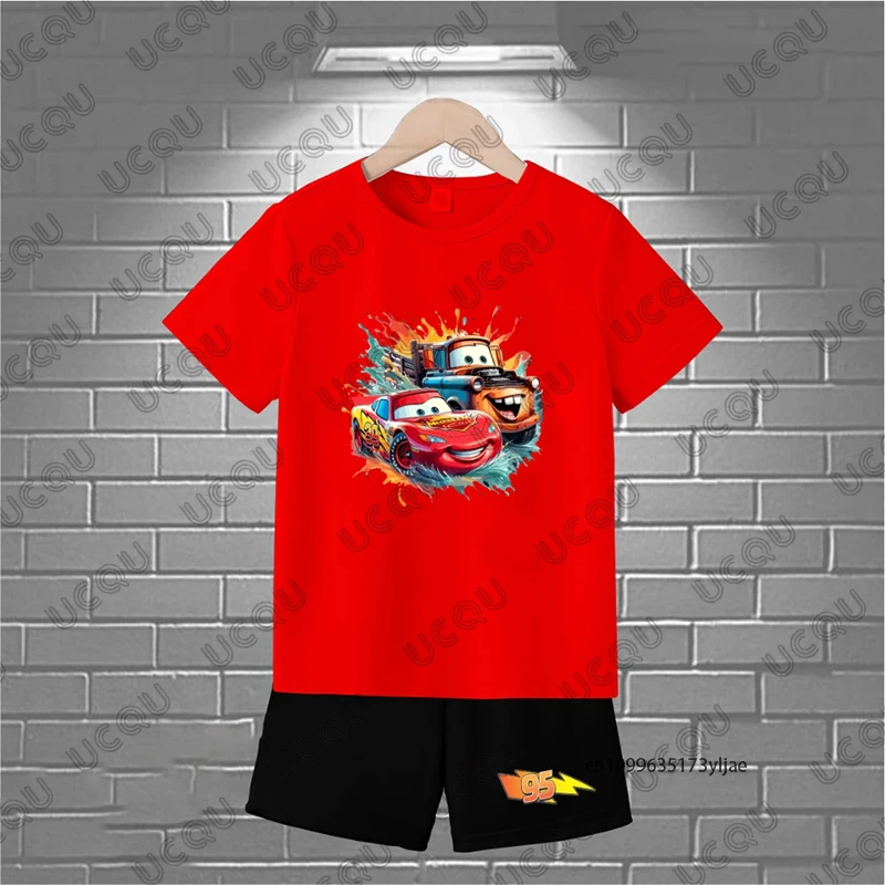 2 قطعة ملابس الأطفال رياضية البرق ماكوين سيارات 95 طباعة القطن تي شيرت + مجموعة تي شيرتات قصيرة للأطفال زوجين عادية دعوى الاطفال/الكبار الملابس #1